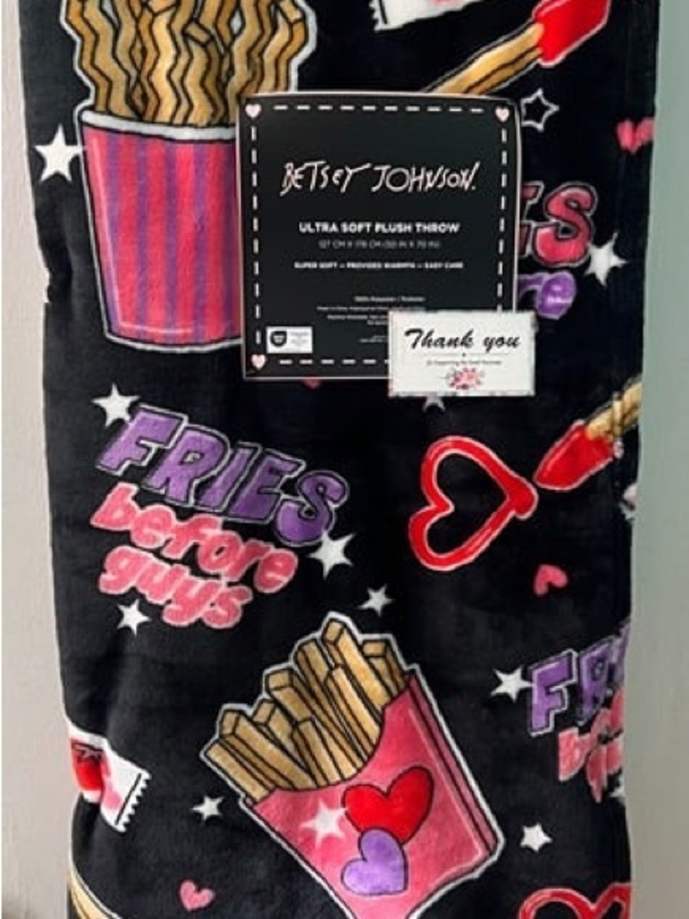 Betsey Johnson Black Plush Throw Blanket with Colorful Fries Before Guys